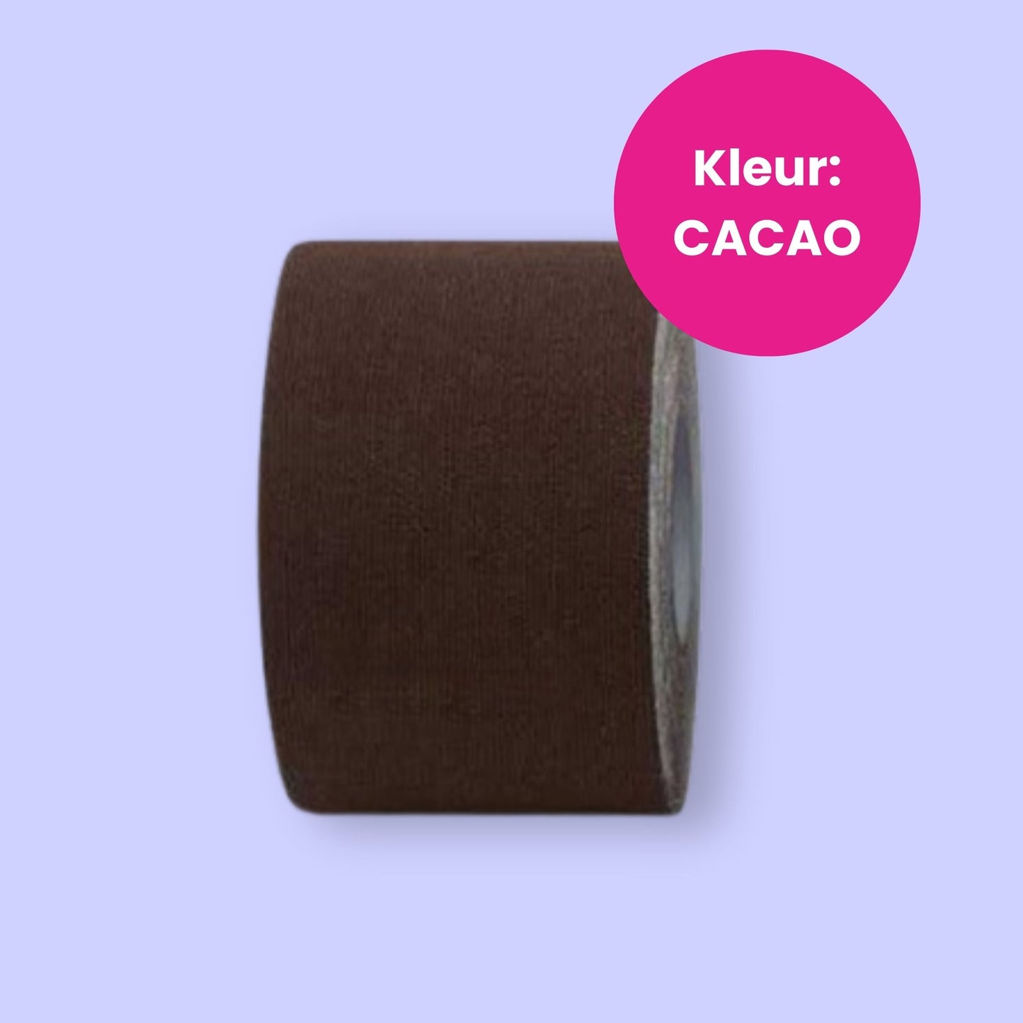 Brown roll of boob tape with a pink circle labeled 'Kleur: Cacao' on a light blue background