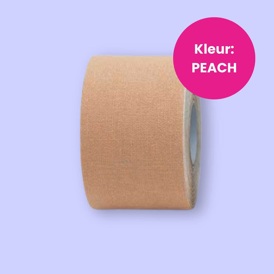 Roll of peach-colored tape on a light blue background with a pink circle displaying 'Kleur: Peach'.