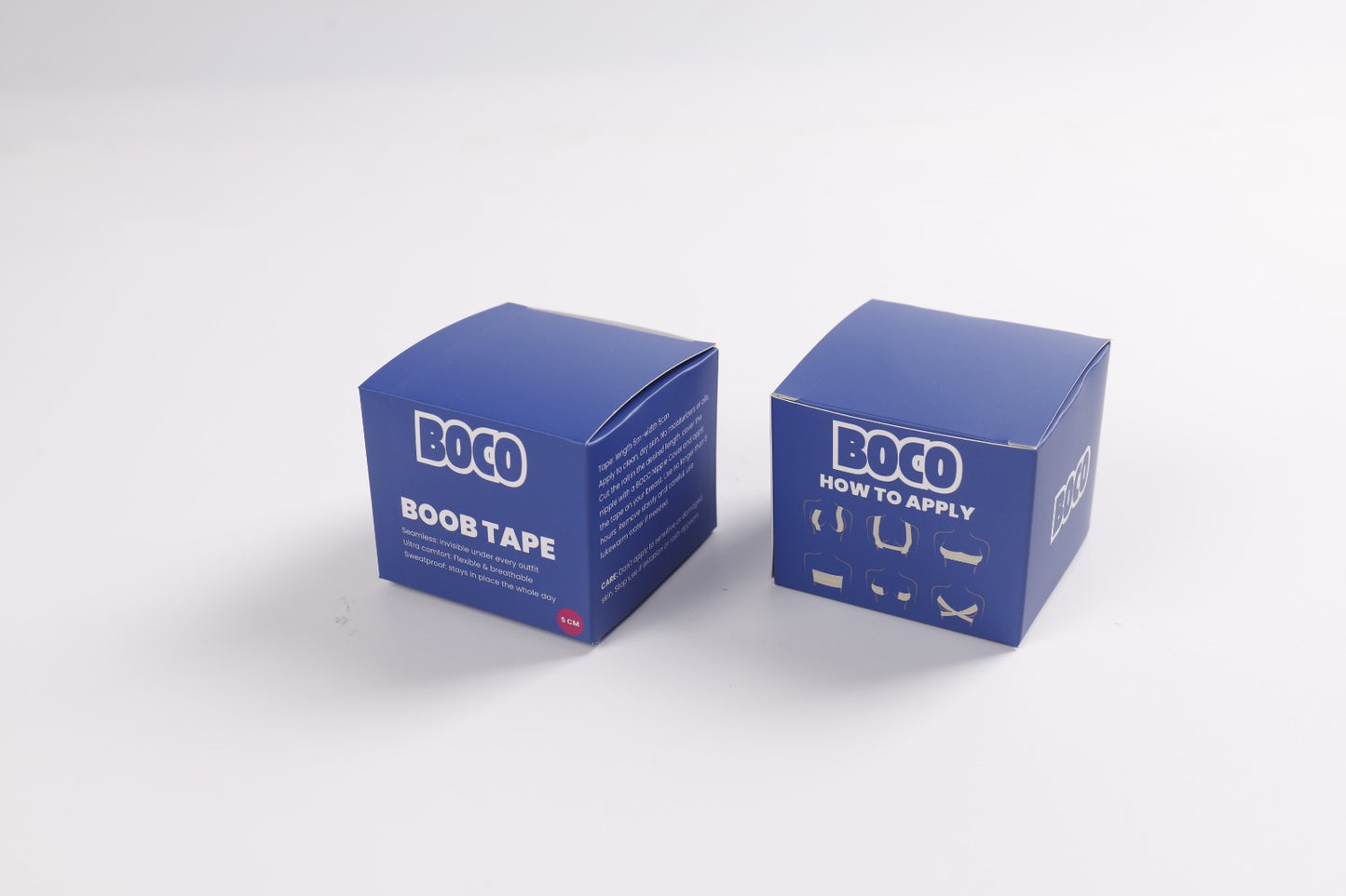 Two blue boxes labeled 'BOCO' displaying the front and back of the Boob Tape packaging
