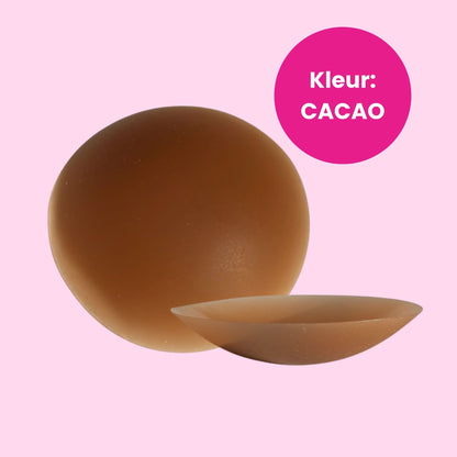 Cocoa-colored nipple covers on a pink background with 'Kleur: Cacao' text.