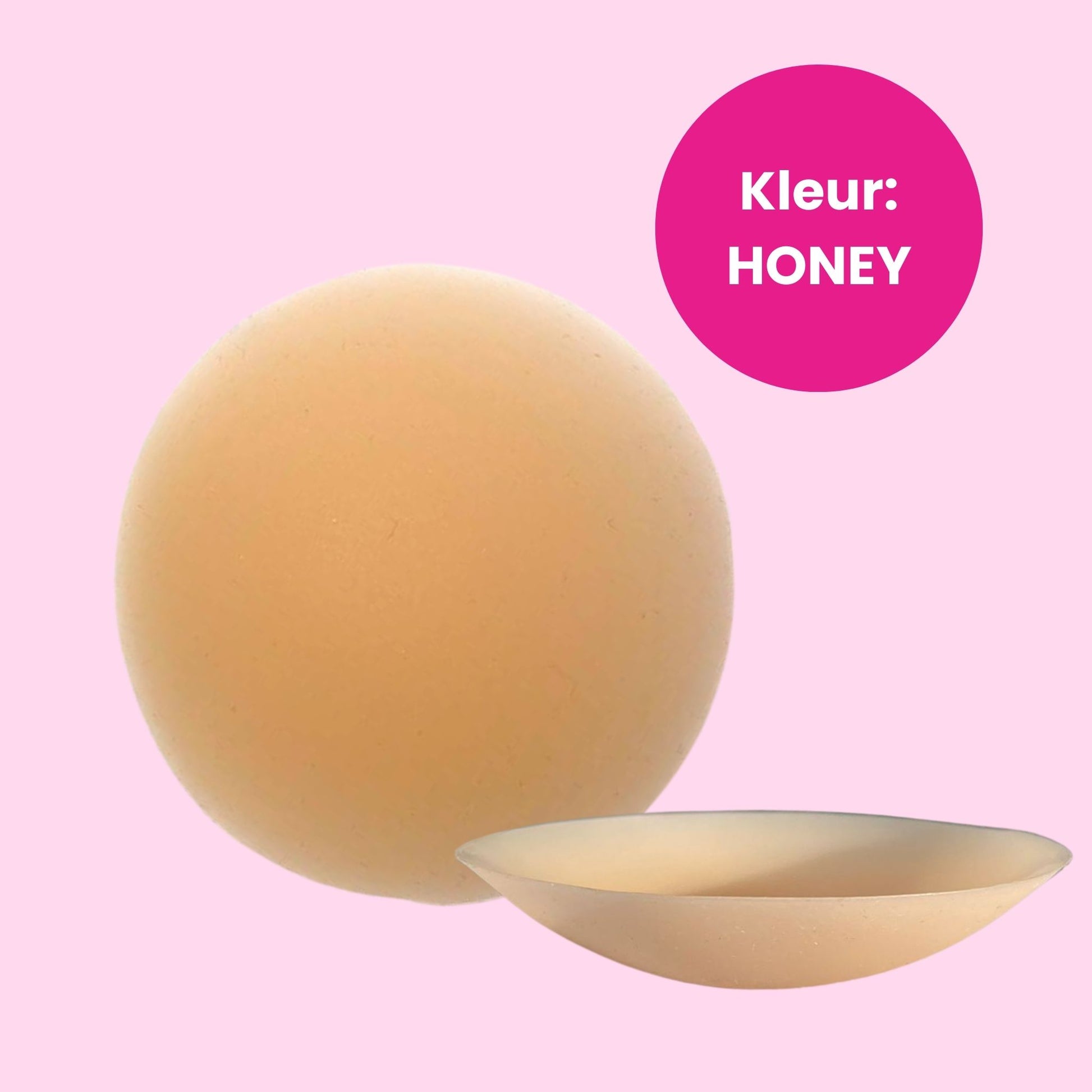 Honey-colored nipple cover on a pink background with 'Kleur: Honey' text.