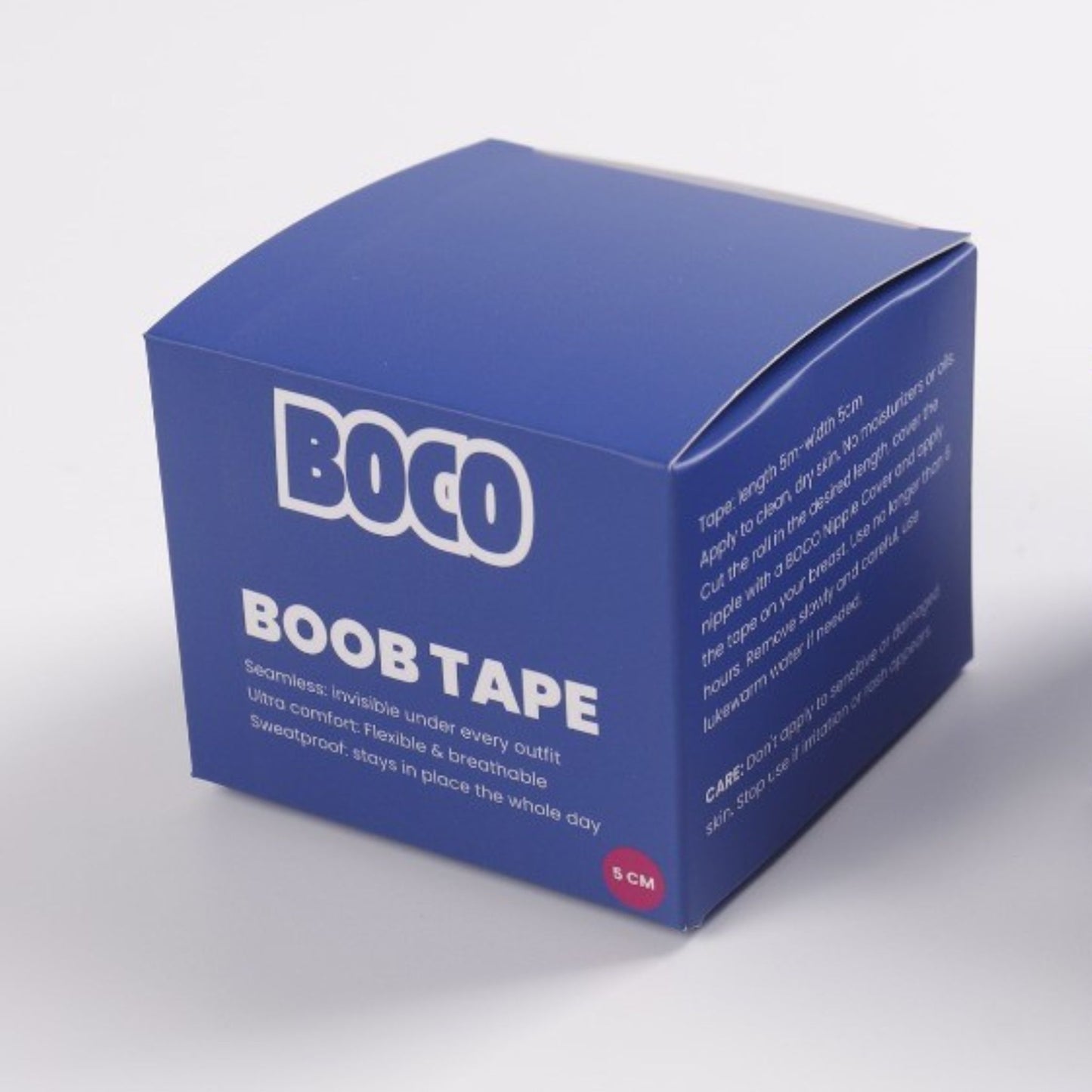 Blue box of BOCO BOOB TAPE 
Seamless: invisible under every fit
Ultra comfort: Flexible & breathable
Sweatproof: Stays in place the whole day